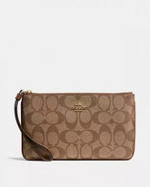 Coach Corner Zip Wristlet In Signature Canvas With Brown With OG Box & Dust Bag 102