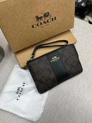 Coach Corner Zip Wristlet In Signature Brown Canvas With Black Stripe With OG Box & Dust Bag 103