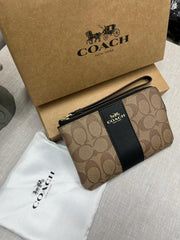 Coach Corner Zip Wristlet In Signature Canvas With Black Stripe With OG Box & Dust Bag 105