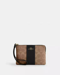 Coach Corner Zip Wristlet In Signature Canvas With Black Stripe With OG Box & Dust Bag 105