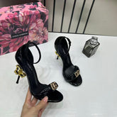 Dolce & Gabbana Sculpted Heel Baroque DG Patent Black Leather Sandal Heels With OG Box 5789 2 Black