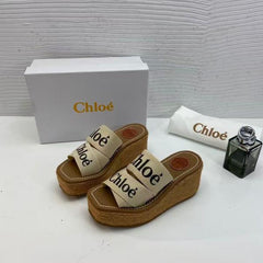 Chloe Woody Wedge Espadrille Sandals Platform Heel Beige Logo embroidered Straps With OG Box Beige
