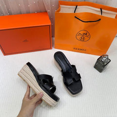 Hermes Black Oran Wedge Platform Sandal Heel With OG Box & Carry Bag Black Leather