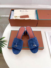 Loro Piana Summer Charms Suede Heel Sandals Blue Tone With OG Box 388 6