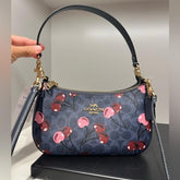 Coach Teri Shoulder Bag Signature Canvas Cherry Print Flower Blue With OG Box Dust Cover Carry Bag 88075