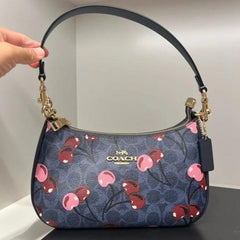 Coach Teri Shoulder Bag Signature Canvas Cherry Print Flower Blue With OG Box Dust Cover Carry Bag 88075