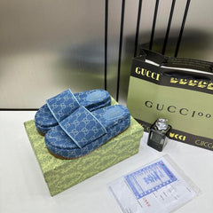 Gucci GG Women Platform Slide Sandal Blue With OG Box Carry Bag 1892 Blue