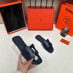 Hermes Oran Sandals Slide Vert Jade Epsom Mid Night Blue Calfskin Leather With OG Box Carry Bag