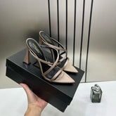 YSL Saint Laurent Paris Strappy Heeled Sandals Heels With OG Box & Carry Bag Soft Gold Beige