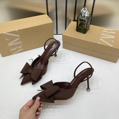 Zara Women Brown PU Bow-Detail High-Heeled Mules With OG Box Brown 6528-5
