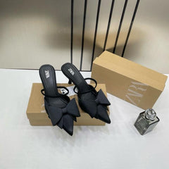 Zara Women Black PU Bow Detail High Heeled Mules With OG Box Black 6528-5