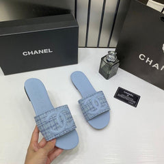 Chanel Blue Tweed CC Slipper Flat Light Blue With OG Box & Carry Bag 1892 LT Blue