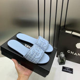 Chanel Blue Tweed CC Slipper Flat Light Blue With OG Box & Carry Bag 1892 LT Blue