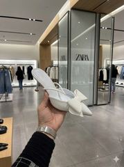 Zara Women White PU Bow-Detail High-Heeled Mules With OG Box White 6528-5