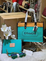 Coach Field Tote 30 Authenic Green Canvas Leather With Pouch OG Box & Dust Bag 6739 Green