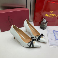 Valentino Pump Heel Elegant Women White Patent Leather With Black Knot With OG Box & Carry Bag 933 V9 White