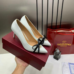 Valentino Pump Heel Elegant Women White Patent Leather With Black Knot With OG Box & Carry Bag 933 V9 White