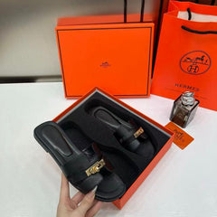 Hermes Paris Oran Flats For Her With OG Box & Carry Bag H38-41 Black Slide