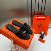 Hermes Paris Oran Flats For Her With OG Box & Carry Bag H38-41 Black Slide