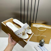 Michael Kors Mandy Signature Logo Slide Sandal Beige With OG Box & Carry Bag 918-6 Beige