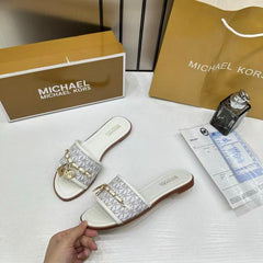 Michael Kors Mandy Signature Logo Slide Sandal Beige With OG Box & Carry Bag 918-6 Beige