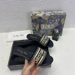 Christian Dior Dway Slide In Navy Blue Signature Embroidered With OG Box Carry Bag 2019-1 Navy Blue