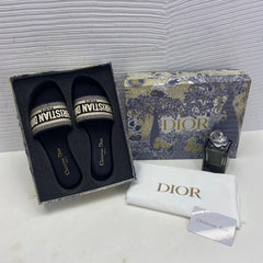 Christian Dior Dway Slide In Navy Blue Signature Embroidered With OG Box Carry Bag 2019-1 Navy Blue