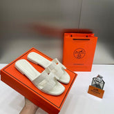 Hermes Paris Oran Flats Croc Leather White For Her With OG Box & Carry Bag White Slide
