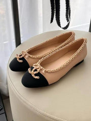 Chanel Ballet Flats Apricot Black CC Logo For Women With OG Box & Carry Bag G34087