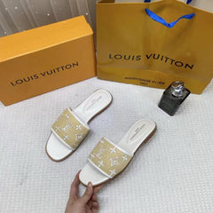 Louis Vuitton Monogram Raffia Slide Sandals Beige & White With OG Box & Carry Bag