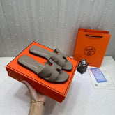 Hermes Paris Oran Flats For Her With OG Box & Carry Bag Taupe Brown Slide H38