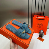 Hermes Paris Oran Flats For Her With OG Box & Carry Bag H38-41 Blue Jean Slide