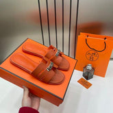 Hermes Paris Oran Flats For Her With OG Box & Carry Bag H38-41 Burnt Orange Slide