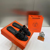Hermes Paris Oran Flats Croc Leather Black For Her With OG Box & Carry Bag Black Slide H-38