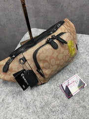 Coach Unisex Waist Pouch Track Belt Bag Signature Canvas Gunmetal Lock With Dust Bag G1130 Coffee