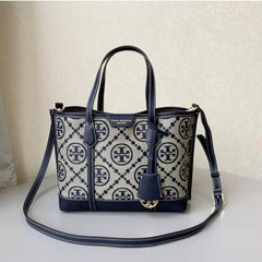 Tory Burch Small Tote Jacquard Signature Blue With Dust Bag Blue