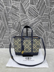 Tory Burch Small Tote Jacquard Signature Blue With Dust Bag Blue