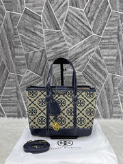 Tory Burch Small Tote Jacquard Signature Blue With Dust Bag Blue