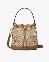 Tory Burch T Monogram Jacquard Bucket Bag With OG Box & Dust Cover Brown