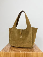 YSL Saint Laurent Le 5 7 Bea Textured leather Fleece Khakhi Tote With Dust Cover Carry Bag 6166