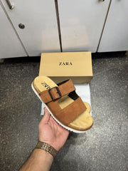 Zara Strap Suede Leather Premium Sandals Slides Brown