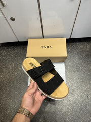 Zara Strap Suede Leather Premium Sandals Slides Black
