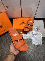Hermes Chypre Calfskin Leather Sandals Slides Orange Premium