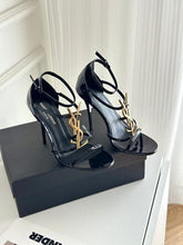 YSL Saint Laurent Paris Gold Patent Leather Monogram Cassandra Sandals Heel With OG Box Dust Bag & Carry Bag