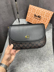 Coach Crossbody Bag Signature Canvas Coach Monogrammed Flap Bag With OG Box & Dust Cover Carry Bag Coffee Brown C803