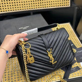 YSL Saint Laurent College Quilted Leather Bag Black With OG Box Dust Cover & Carry Bag 1324 Black