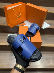 HERMES LOGO BLUE PREMIUM LEATHER SLIDE