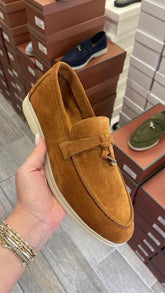 Loro Piana Summer Charms Walk loafers in caramel brown suede.