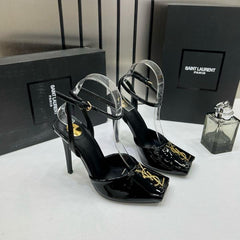 YSL Saint Laurent Opyum Patent Leather Ankle Strap High Heel Sandals Black With OG Box & Carry Bag 10056 3 Black