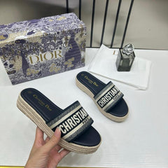 Christian Dior Dway Platform Slide Sandals Blue Embroidered Signature Strap With OG Carry Bag 3369 Blue